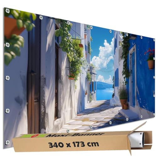 TRIOSK Sichtschutz Garten Dekoration Plane groß mit Motiv Griechenland Meer Gasse Weiß Motivbanner Blickdicht für Terrasse Zaun Gartenzaun Bauzaunplane PVC Zaunblende 340x173 cm von TRIOSK