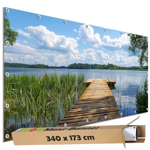 TRIOSK Sichtschutz Garten Dekoration Plane groß mit Motiv Holz Steg Holzweg Schilf See Motivbanner blickdicht für Terrasse Zaun Gartenzaun Bauzaunplane PVC Zaunblende 340x173 cm von TRIOSK