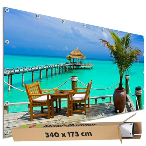 TRIOSK Sichtschutz Garten Dekoration Plane groß mit Motiv Meer Karibik Strand Bar Motivbanner Blickdicht für Terrasse Zaun Gartenzaun Gartenposter PVC Zaunblende 340x173 cm von TRIOSK