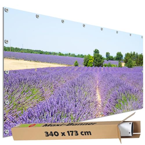 TRIOSK Sichtschutz Garten Dekoration Plane groß mit Motiv Lavendel Blüten Blumen Feld Motivbanner blickdicht für Terrasse Zaun Gartenzaun Bauzaunplane PVC Zaunblende 340x173 cm von TRIOSK