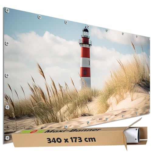 TRIOSK Sichtschutz Garten Dekoration Plane groß mit Motiv Leuchtturm Strand Düne Motivbanner blickdicht für Terrasse Zaun Gartenzaun Bauzaunplane PVC Zaunblende 340x173 cm von TRIOSK