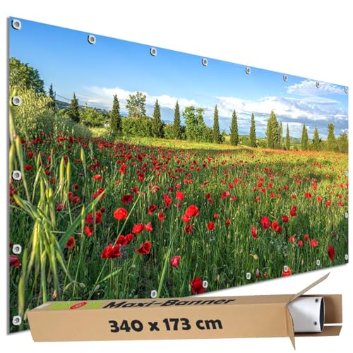 TRIOSK Sichtschutz Garten Dekoration Plane groß mit Natur Motiv Mohn Blumen Feld Wiese Motivbanner blickdicht für Terrasse Zaun Gartenzaun Bauzaunplane PVC Zaunblende 340x173 cm von TRIOSK