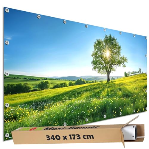 TRIOSK Sichtschutz Garten Dekoration Plane groß mit Natur Motiv Sommer Blumen Wiese Motivbanner blickdicht für Terrasse Zaun Gartenzaun Bauzaunplane PVC Zaunblende 340x173 cm von TRIOSK