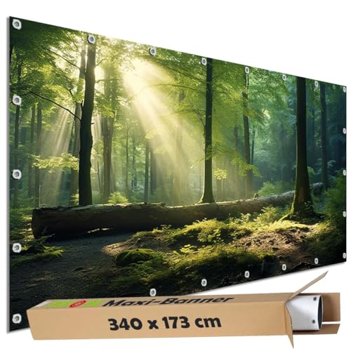 TRIOSK Sichtschutz Garten Dekoration Plane groß mit Natur Motiv Wald Lichtung Sonne Motivbanner blickdicht für Terrasse Zaun Gartenzaun Bauzaunplane PVC Zaunblende 340x173 cm von TRIOSK