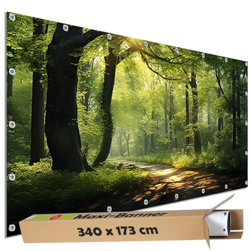 TRIOSK Sichtschutz Garten Dekoration Plane groß mit Natur Motiv Wald Waldweg Baum Weg Motivbanner blickdicht für Terrasse Zaun Gartenzaun Bauzaunplane PVC Zaunblende 340x173 cm von TRIOSK