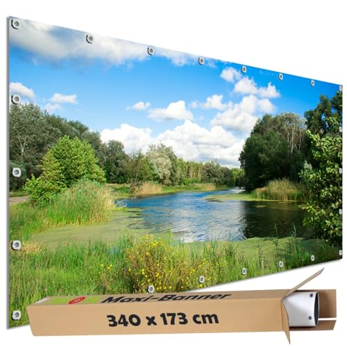 TRIOSK Sichtschutz Garten Dekoration Plane groß mit Natur Motiv Fluss Ufer Wasser Wiese Motivbanner blickdicht für Terrasse Zaun Gartenzaun Bauzaunplane PVC Zaunblende 340x173 cm von TRIOSK