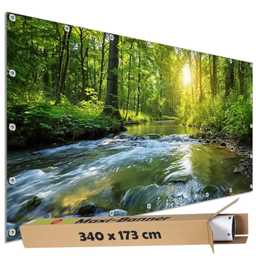 TRIOSK Sichtschutz Garten Dekoration Plane groß mit Natur Motiv Wald Bach Wasser Baum Motivbanner blickdicht für Terrasse Zaun Gartenzaun Bauzaunplane PVC Zaunblende 340x173 cm von TRIOSK