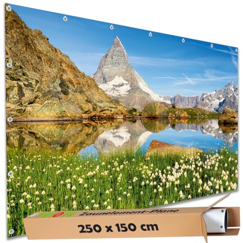 TRIOSK Sichtschutz Garten Deko Zaun Plane Blickdicht groß mit Zaunblende Motiv Berg Matterhorn Schweiz für Balkon Terrasse Zaunelement Doppelstabmatten Gartenzaun PVC 250x150 cm von TRIOSK