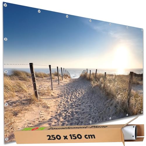 TRIOSK Sichtschutz Garten Deko Zaun Plane Blickdicht groß mit Zaunblende Motiv Dünenweg Strand Meer für Balkon Terrasse Zaunelement Doppelstabmatten Gartenzaun PVC 250x150 cm von TRIOSK