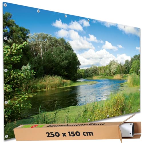 TRIOSK Sichtschutz Garten Deko Zaun Plane Blickdicht groß mit Zaunblende Motiv Flusslauf Ufer Wiese Wasser für Balkon Terrasse Zaunelement Doppelstabmatten Gartenzaun PVC 250x150 cm von TRIOSK