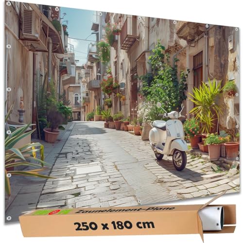 TRIOSK Sichtschutz Garten Deko Zaun Plane Blickdicht groß mit Zaunblende Motiv Gasse Mediterran Italien Roller für Zaunelement Doppelstabmatten Stabmattenzaun Gartenzaun PVC 250x180 cm von TRIOSK