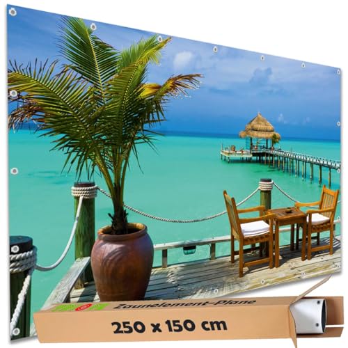 TRIOSK Sichtschutz Garten Deko Zaun Plane Blickdicht groß mit Zaunblende Motiv Karibik Strandbar Beach Meerblick für Balkon Terrasse Zaunelement Doppelstabmatten Gartenzaun PVC 250x150 cm von TRIOSK