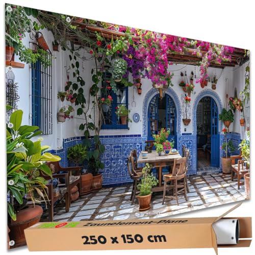 TRIOSK Sichtschutz Garten Deko Zaun Plane Blickdicht groß mit Zaunblende Motiv Landhaus Terrasse Mediterran für Balkon Terrasse Zaunelement Doppelstabmatten Gartenzaun PVC 250x150 cm von TRIOSK