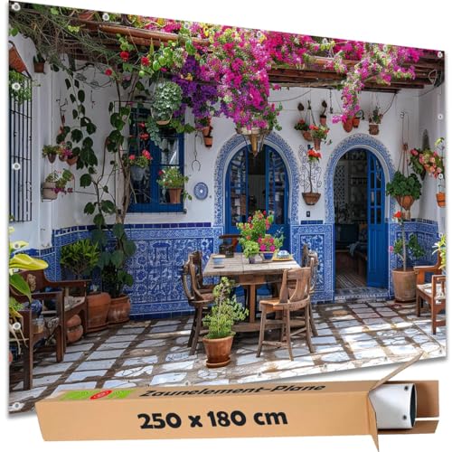 TRIOSK Sichtschutz Garten Deko Zaun Plane Blickdicht groß mit Zaunblende Motiv Landhaus Terrasse Mediterran für Zaunelement Doppelstabmatten Stabmattenzaun Gartenzaun PVC 250x180 cm von TRIOSK