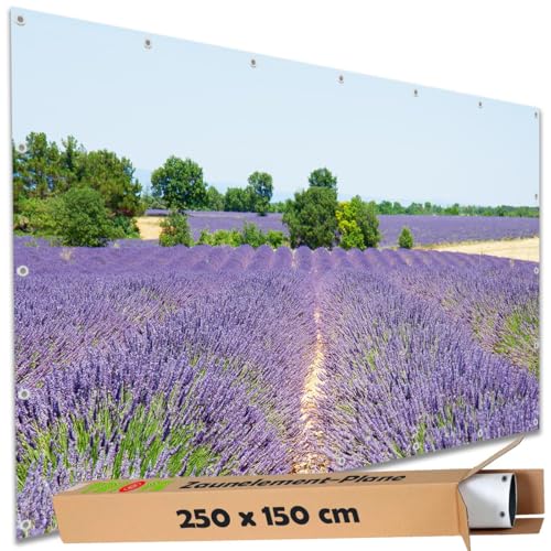 TRIOSK Sichtschutz Garten Deko Zaun Plane Blickdicht groß mit Zaunblende Motiv Lavendelblüten Blumenfeld für Balkon Terrasse Zaunelement Doppelstabmatten Gartenzaun PVC 250x150 cm von TRIOSK