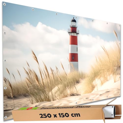 TRIOSK Sichtschutz Garten Deko Zaun Plane Blickdicht groß mit Zaunblende Motiv Leuchtturm Strand Düne für Balkon Terrasse Zaunelement Doppelstabmatten Gartenzaun PVC 250x150 cm von TRIOSK