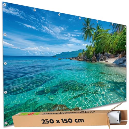 TRIOSK Sichtschutz Garten Deko Zaun Plane Blickdicht groß mit Zaunblende Motiv Malediven Felsen Strand Lagune für Balkon Terrasse Zaunelement Doppelstabmatten Gartenzaun PVC 250x150 cm von TRIOSK