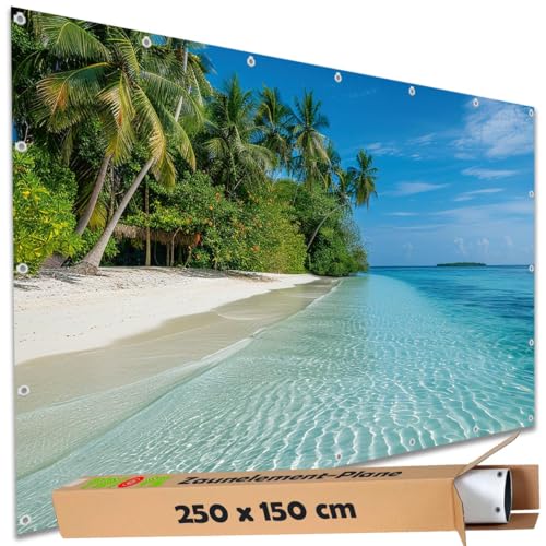 TRIOSK Sichtschutz Garten Deko Zaun Plane Blickdicht groß mit Zaunblende Motiv Malediven Palmen Strand Hütte für Balkon Terrasse Zaunelement Doppelstabmatten Gartenzaun PVC 250x150 cm von TRIOSK
