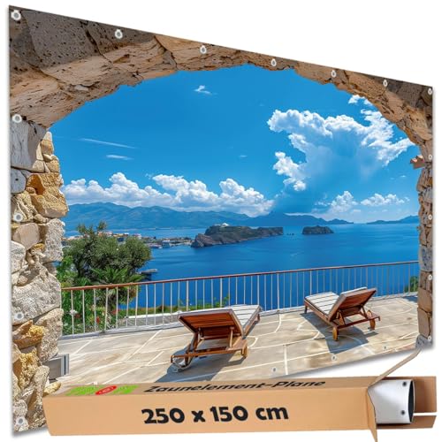 TRIOSK Sichtschutz Garten Deko Zaun Plane Blickdicht groß mit Zaunblende Motiv Mauer Tor Balkon Meer Blick für Balkon Terrasse Zaunelement Doppelstabmatten Gartenzaun PVC 250x150 cm von TRIOSK