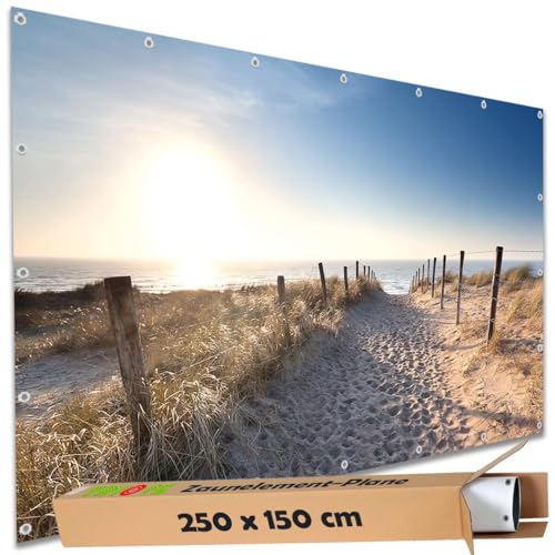 TRIOSK Sichtschutz Garten Deko Zaun Plane Blickdicht groß mit Zaunblende Motiv Meer Strand Weg Spuren für Balkon Terrasse Zaunelement Doppelstabmatten Gartenzaun PVC 250x150 cm von TRIOSK
