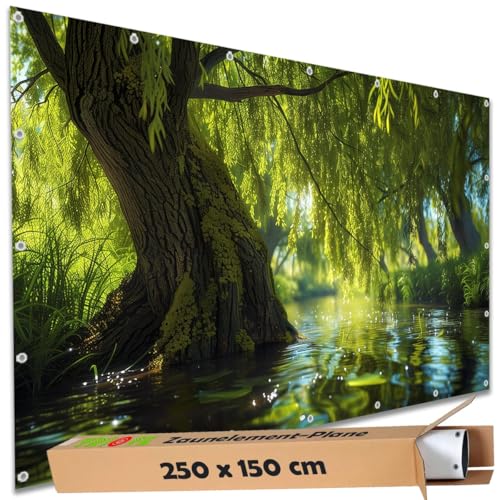 TRIOSK Sichtschutz Garten Deko Zaun Plane Blickdicht groß mit Zaunblende Motiv Natur Baum Weide Wasser Fluss für Balkon Terrasse Zaunelement Doppelstabmatten Gartenzaun PVC 250x150 cm von TRIOSK