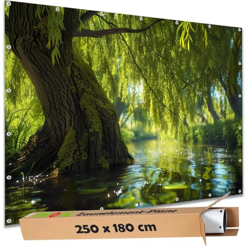 TRIOSK Sichtschutz Garten Deko Zaun Plane Blickdicht groß mit Zaunblende Motiv Natur Baum Weide Wasser Fluss für Zaunelement Doppelstabmatten Stabmattenzaun Gartenzaun PVC 250x180 cm von TRIOSK