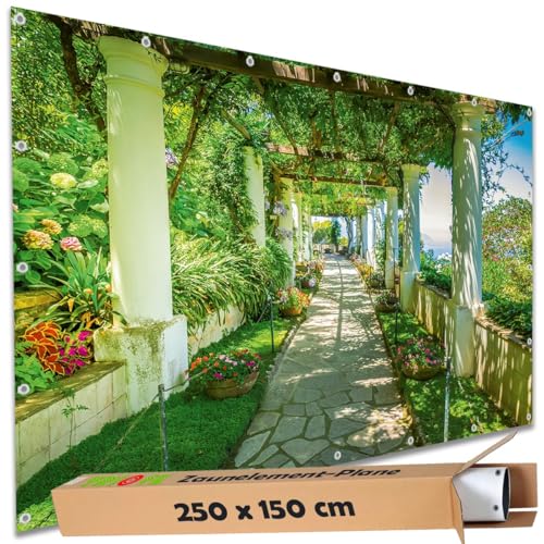 TRIOSK Sichtschutz Garten Deko Zaun Plane Blickdicht groß mit Zaunblende Motiv Pergolaweg Capri Insel Italien für Balkon Terrasse Zaunelement Doppelstabmatten Gartenzaun PVC 250x150 cm von TRIOSK