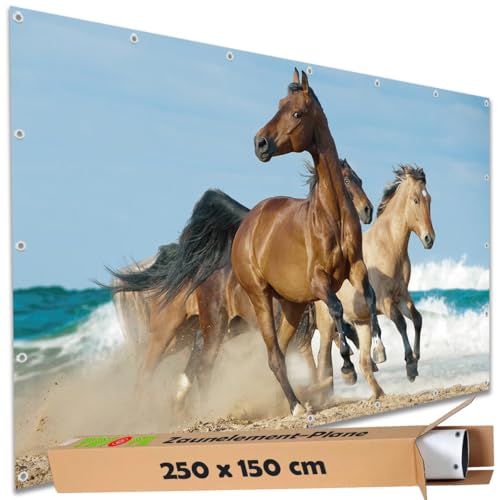 TRIOSK Sichtschutz Garten Deko Zaun Plane Blickdicht groß mit Zaunblende Motiv Pferde Meer Strand Strandpferde für Balkon Terrasse Zaunelement Doppelstabmatten Gartenzaun PVC 250x150 cm TRIOSK Sichtschutz Garten Deko Zaun Plane Blickdicht groß mit Zaunblende Motiv Pferde Meer Strand Strandpferde für Balkon Terrasse Zaunelement Doppelstabmatten Gartenzaun PVC 250x150 cm von TRIOSK