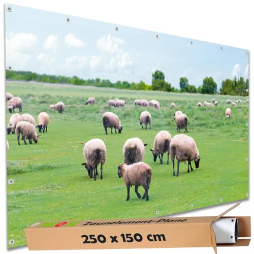 TRIOSK Sichtschutz Garten Deko Zaun Plane Blickdicht groß mit Zaunblende Motiv Schaf Herde Weide für Balkon Terrasse Zaunelement Doppelstabmatten Gartenzaun PVC 250x150 cm von TRIOSK