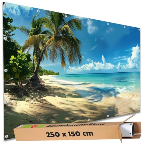 TRIOSK Sichtschutz Garten Deko Zaun Plane Blickdicht groß mit Zaunblende Motiv Strand Meer Karibik Urlaub für Balkon Terrasse Zaunelement Doppelstabmatten Gartenzaun PVC 250x150 cm von TRIOSK