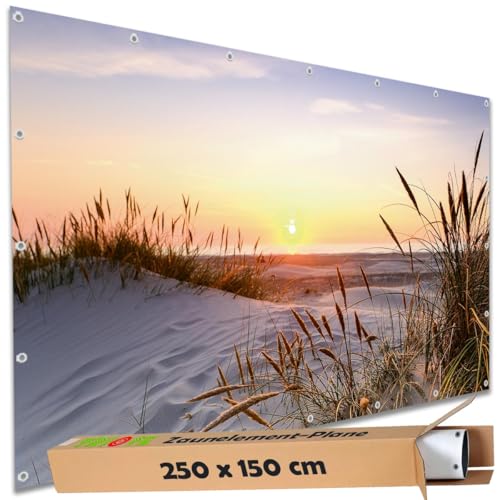 TRIOSK Sichtschutz Garten Deko Zaun Plane Blickdicht groß mit Zaunblende Motiv Strand Sonnenuntergang Meer für Balkon Terrasse Zaunelement Doppelstabmatten Gartenzaun PVC 250x150 cm von TRIOSK