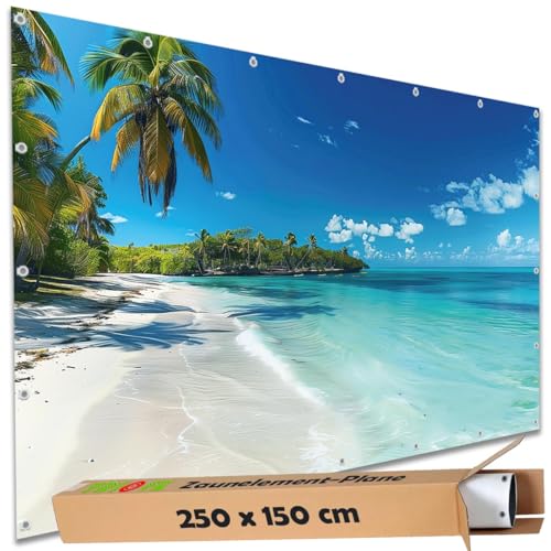 TRIOSK Sichtschutz Garten Deko Zaun Plane Blickdicht groß mit Zaunblende Motiv Südseestrand Meer Palmen Strand für Balkon Terrasse Zaunelement Doppelstabmatten Gartenzaun PVC 250x150 cm von TRIOSK