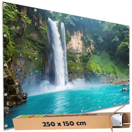 TRIOSK Sichtschutz Garten Deko Zaun Plane Blickdicht groß mit Zaunblende Motiv Wasserfall Tropen See Türkis für Balkon Terrasse Zaunelement Doppelstabmatten Gartenzaun PVC 250x150 cm von TRIOSK