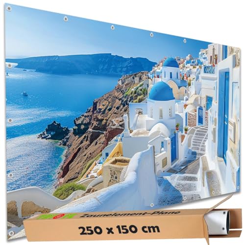 TRIOSK Sichtschutz Garten Deko Zaun Plane Blickdicht groß mit Zaunblende Motiv Küstenweg Santorini Griechenland für Balkon Terrasse Zaunelement Doppelstabmatten Gartenzaun PVC 250x150 cm von TRIOSK