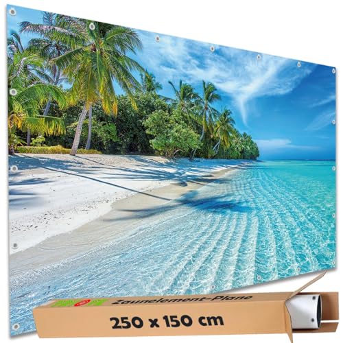 TRIOSK Sichtschutz Garten Deko Zaun Plane Blickdicht groß mit Zaunblende Motiv Malediven Strand Tropical Beach für Balkon Terrasse Zaunelement Doppelstabmatten Gartenzaun PVC 250x150 cm von TRIOSK