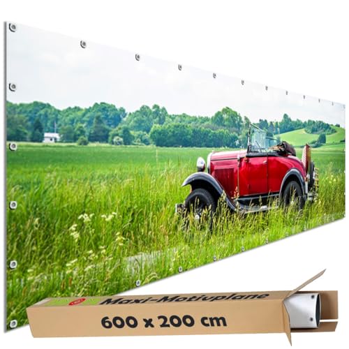 TRIOSK Sichtschutz Garten Dekoration Plane groß mit Motiv Auto Roadtrip Oldtimer Rot Motivbanner Blickdicht für Terrasse Zaun Gartenzaun Gartenposter PVC Zaunblende 600x200 cm von TRIOSK