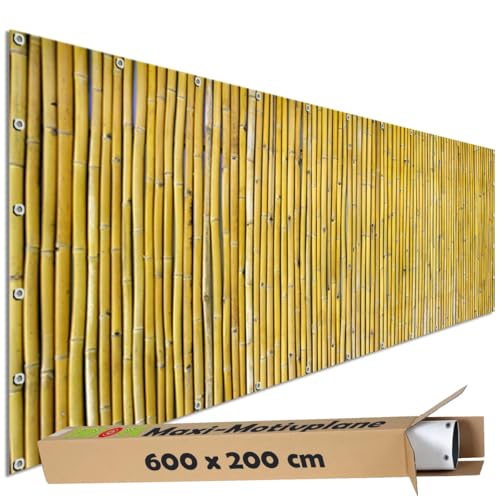 TRIOSK Sichtschutz Garten Dekoration Plane groß mit Motiv Bambus Stäbe Zaun Optik Motivbanner Blickdicht für Terrasse Gartenzaun Gartenposter PVC Zaunblende 600x200 cm Beige TRIOSK Sichtschutz Garten Dekoration Plane groß mit Motiv Bambus Stäbe Zaun Optik Motivbanner Blickdicht für Terrasse Gartenzaun Gartenposter PVC Zaunblende 600x200 cm Beige von TRIOSK