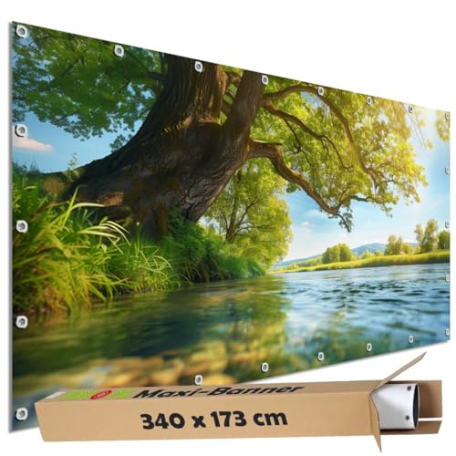 TRIOSK Sichtschutz Garten Dekoration Plane groß mit Motiv Baum Sonne Wasser Fluss Ufer Motivbanner Blickdicht für Terrasse Zaun Gartenzaun Bauzaunplane PVC Zaunblende 340x173 cm von TRIOSK