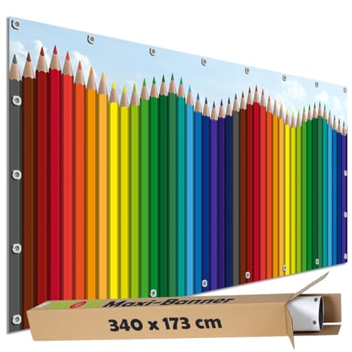 TRIOSK Sichtschutz Garten Dekoration Plane groß mit Motiv Buntstifte Regenbogen Motivbanner Blickdicht für Terrasse Zaun Gartenzaun Gartenposter PVC Zaunblende 340x173 cm Bunt von TRIOSK