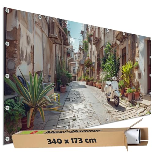 TRIOSK Sichtschutz Garten Dekoration Plane groß mit Motiv Gasse Mediterran Italien Roller Motivbanner Blickdicht für Terrasse Zaun Gartenzaun Bauzaunplane PVC Zaunblende 340x173 cm von TRIOSK