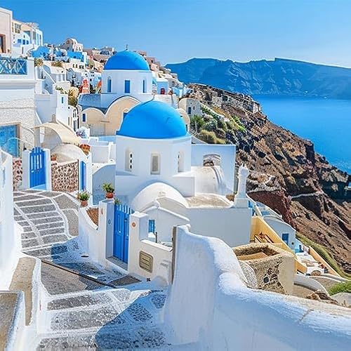 TRIOSK Sichtschutz Garten Dekoration Plane groß mit Motiv Griechenland Küste Santorin Motivbanner Blickdicht für Terrasse Zaun Gartenzaun Gartenposter PVC Zaunblende 600x200 cm von TRIOSK