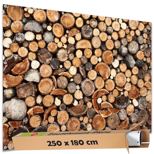 TRIOSK Sichtschutz Garten Dekoration Plane groß mit Motiv Holz Stapel Baumstämme Motivbanner Blickdicht für Zaun Doppelstabmatten Zaunelement Gartenzaun Zaunblende PVC 250x180 cm von TRIOSK