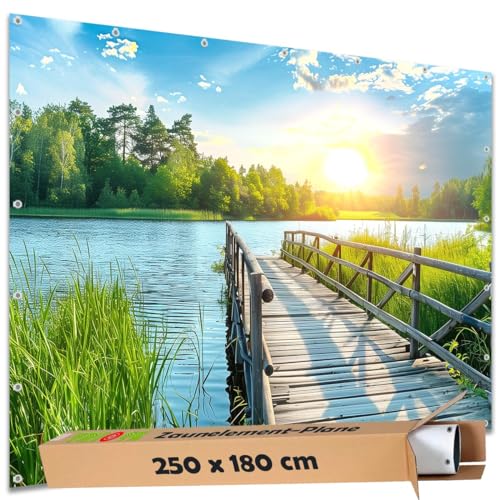 TRIOSK Sichtschutz Garten Dekoration Plane groß mit Motiv Holz Weg Steg Brücke See Motivbanner Blickdicht für Zaun Doppelstabmatten Zaunelement Gartenzaun Zaunblende PVC 250x180 cm von TRIOSK