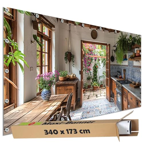 TRIOSK Sichtschutz Garten Dekoration Plane groß mit Motiv Landhaus Küche Mediterran Motivbanner Blickdicht für Terrasse Zaun Gartenzaun Bauzaunplane PVC Zaunblende 340x173 cm von TRIOSK