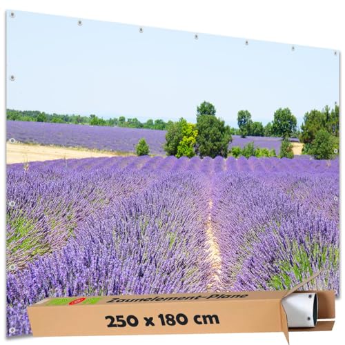 TRIOSK Sichtschutz Garten Dekoration Plane groß mit Motiv Lavendel Blüten Blumen Feld Motivbanner Blickdicht für Zaun Doppelstabmatten Zaunelement Gartenzaun Zaunblende PVC 250x180 cm von TRIOSK