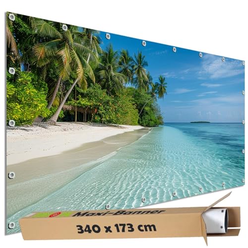 TRIOSK Sichtschutz Garten Dekoration Plane groß mit Motiv Malediven Insel Palmen Strand Hütte Motivbanner Blickdicht für Terrasse Zaun Gartenzaun Gartenposter PVC Zaunblende 340x173 cm von TRIOSK