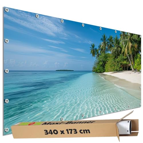 TRIOSK Sichtschutz Garten Dekoration Plane groß mit Motiv Malediven Meer Strand Beach House Motivbanner Blickdicht für Terrasse Zaun Gartenzaun Gartenposter PVC Zaunblende 340x173 cm TRIOSK Sichtschutz Garten Dekoration Plane groß mit Motiv Malediven Meer Strand Beach House Motivbanner Blickdicht für Terrasse Zaun Gartenzaun Gartenposter PVC Zaunblende 340x173 cm von TRIOSK