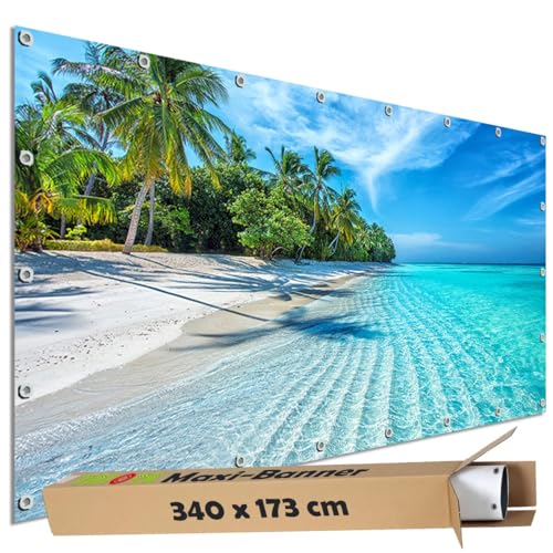 TRIOSK Sichtschutz Garten Dekoration Plane groß mit Motiv Malediven Meer Strand Tropical Beach Motivbanner Blickdicht für Terrasse Zaun Gartenzaun Gartenposter PVC Zaunblende 340x173 cm TRIOSK Sichtschutz Garten Dekoration Plane groß mit Motiv Malediven Meer Strand Tropical Beach Motivbanner Blickdicht für Terrasse Zaun Gartenzaun Gartenposter PVC Zaunblende 340x173 cm von TRIOSK