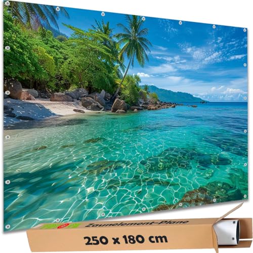 TRIOSK Sichtschutz Garten Deko Zaun Plane Blickdicht groß mit Zaunblende Motiv Malediven Strand Rocky Beach für Zaunelement Doppelstabmatten Stabmattenzaun Gartenzaun PVC 250x180 cm von TRIOSK