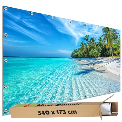 TRIOSK Sichtschutz Garten Dekoration Plane groß mit Motiv Malediven Tropen Insel Palmen Strand Motivbanner Blickdicht für Terrasse Zaun Gartenzaun Gartenposter PVC Zaunblende 340x173 cm TRIOSK Sichtschutz Garten Dekoration Plane groß mit Motiv Malediven Tropen Insel Palmen Strand Motivbanner Blickdicht für Terrasse Zaun Gartenzaun Gartenposter PVC Zaunblende 340x173 cm von TRIOSK